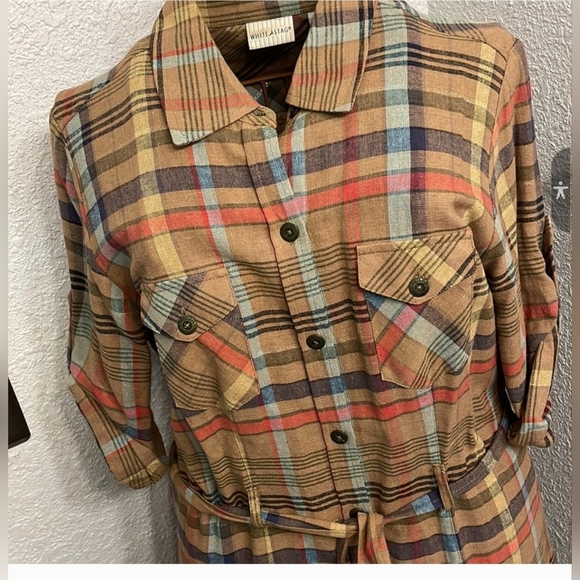 White Stag Tan and Orange Midi Dress with Cuffed Sleeves - Picture 2 of 8